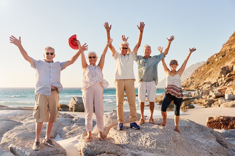 Senior Friends on beach enjoying assisted living in san diego ca